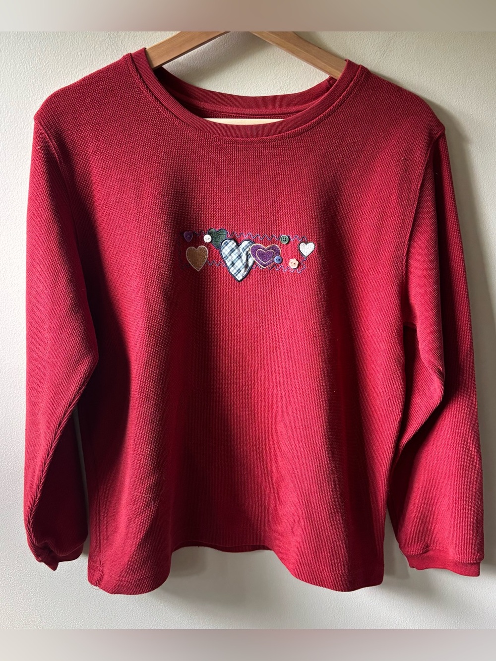 2001 Christopher & Banks Red Patchwork Heart Crewneck